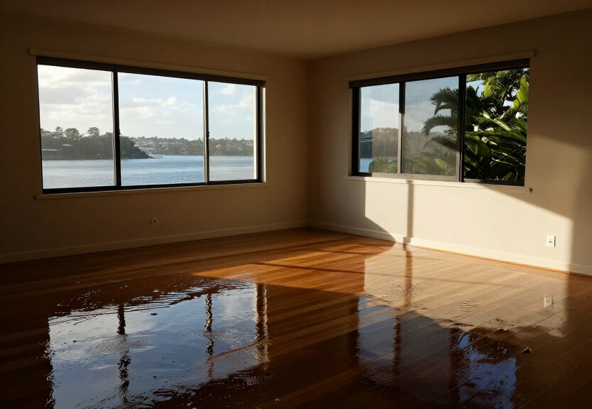 Flooded living room in Alfords Point before restoration